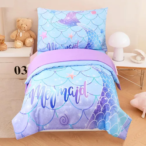 Miniatura 14 de ZRNBAST Juego de ropa de cama para niñas pequeñas de 4 piezas con cola de sirena, color rosa, turquesa, degradado, arco iris, colorido, ropa de cama