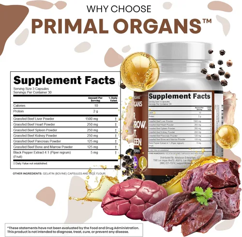 Miniatura 4 de Cápsulas de hígado de res alimentada con pasto de Clean Nutraceuticals - Suplemento de calidad premium empaquetado con corazón de res, bazo