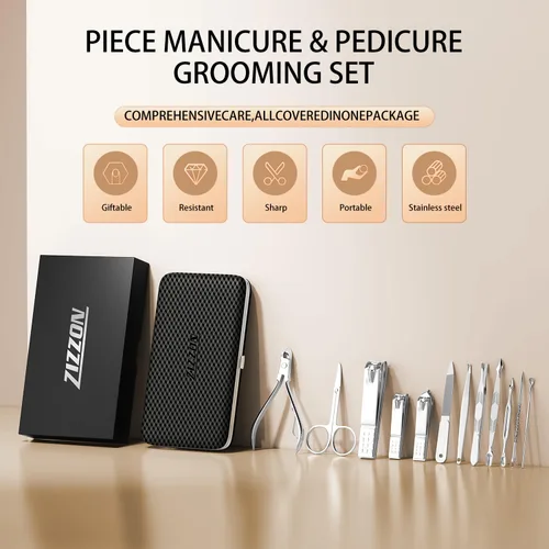 Miniatura 6 de ZIZZON Kit de manicura y pedicura, cortaúñas, juego de 12 piezas, kit de aseo profesional, herramientas de uñas con lujoso estuche de viaje