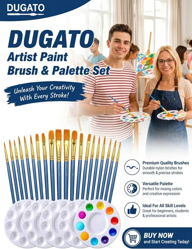 Miniatura 6 de DUGATO Juego de pinceles y paleta de pintura para artistas, 20 pinceles de nailon (varios tamaños y formas) con 5 bandejas de mezcla, ideal para Azul