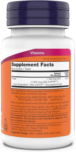 Miniatura 2 de Now Supplements Metil Folato 1,000 mcg, Folato Metabólicamente Activo, Vitamina Co-Enzima B, 180 Tabletas