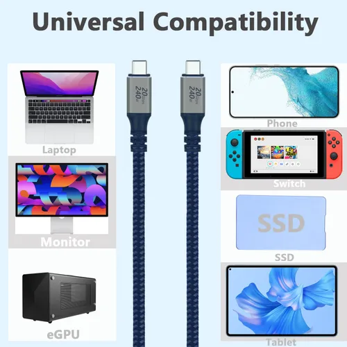 Miniatura 6 de Cable USB C 3.2 Gen 2, 6.6 pies 20 Gbps de transferencia de datos 4K de salida de video cable para monitor, carga rápida PD de 240 W para iPhone