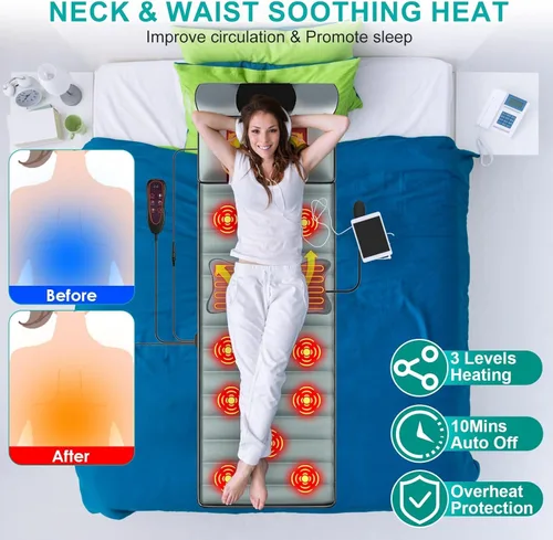 Miniatura 4 de TeqHome Tapete de Masaje de Cuerpo Completo con Calor y Almohada de Masaje Shiatsu Movible para Cuello y Espalda, Almohadilla de Masaje con Almohada