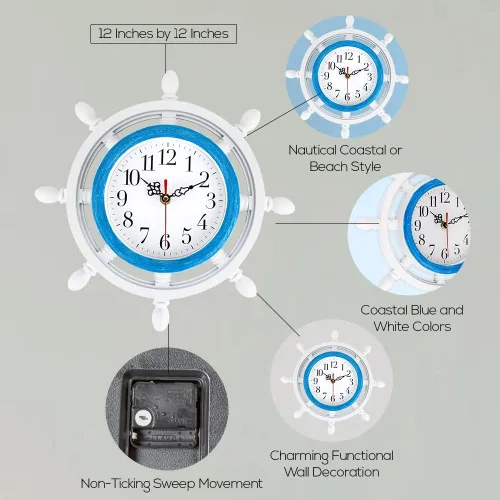 Miniatura 2 de Reloj de pared de rueda de envíos, colores azul y blanco costero, para decoración del hogar, tema náutico, playa o mar, silencioso, movimiento