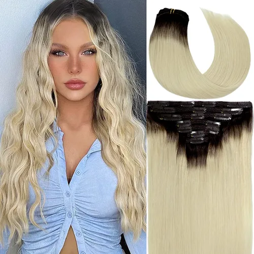 Miniatura 29 de Caliee Extensiones de cabello con pinzas de cabello humano 14 pulgadas Color 1 Negro azabache trama doble invisibles Extensiones de cabello humano