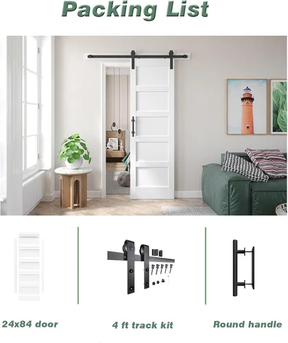 Miniatura 8 de Fredbeck puerta de granero blanca de 24x84 pulgadas con kit de herrajes para puerta corredera de 4 pies incluido y manija, MDF, superficie de PVC