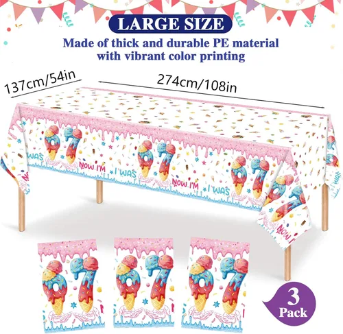 Miniatura 2 de Qpout Paquete de 3 decoraciones de fiesta de cumpleaños con diseño de helado "I was 6 Now I'm 7", mantel de plástico desechable de cumpleaños 6-7