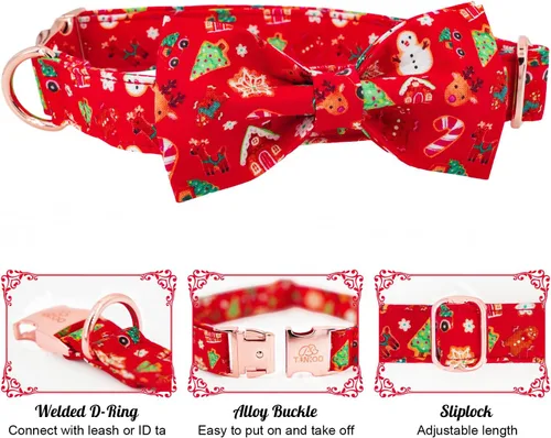 Miniatura 3 de Collar de Navidad para perro Tunkoo con elegante corbatín, collar suave y cómodo de algodón ajustable, hebilla de metal premium para cachorros