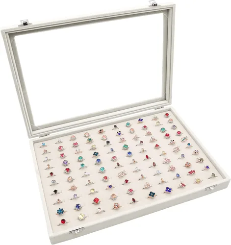 Stratalife Organizador de joyas, bandeja de exhibición de anillos, caja de almacenamiento para anillos con tapa de vidrio, cajas de terciopelo para