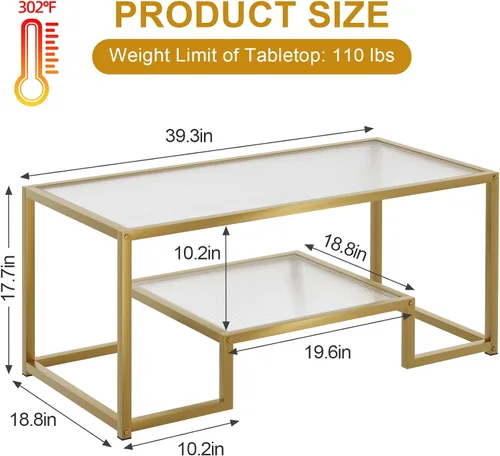 Miniatura 2 de Mesa de café Wolawu Mesa de café dorada de vidrio para sala de estar, mesa de centro rectangular de 2 niveles con tapa de vidrio acanalada y marco