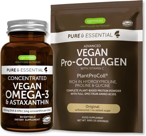 Polvo de proteína de péptido de colágeno vegano puro y esencial y paquete vegano de Omega 3, fórmula completa para estimular el colágeno y aceite de