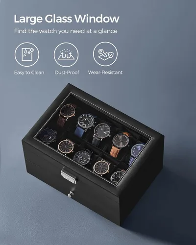 Miniatura 28 de SONGMICS UJWB012 - Caja de reloj de 12 ranuras, caja de reloj con cerradura con tapa de vidrio, 2 capas, con 1 cajón para anillos, pulseras, idea