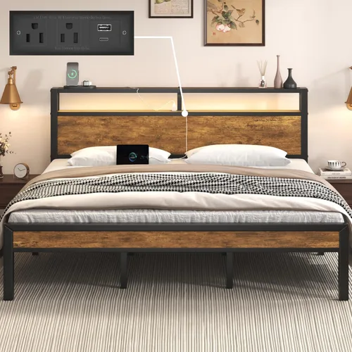 Miniatura 12 de E-Motie Base de cama de tamaño matrimonial con luces LED y estación de carga, cabecera de almacenamiento de madera con estantes de 2 niveles