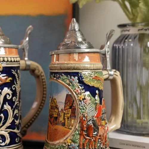 Miniatura 5 de Taza de cerveza alemana Oktoberfest Bávara Frankfurt Viking Tankard con tapa Petwer para hombres, padre amante de la cerveza, 0.6 litros