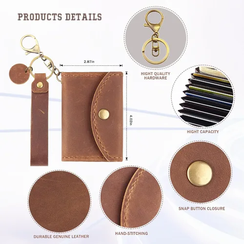 Miniatura 2 de Cartera de cuero genuino para tarjetas de crédito, organizador de tarjetas de crédito para mujeres y hombres, monedero pequeño llavero, Marrón