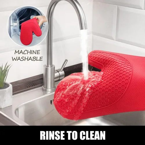 Miniatura 6 de Rorecay Juego de 6 manoplas y soportes para ollas para cocina, guantes de horno de silicona extra largos resistentes al calor de 500 grados, Rojo