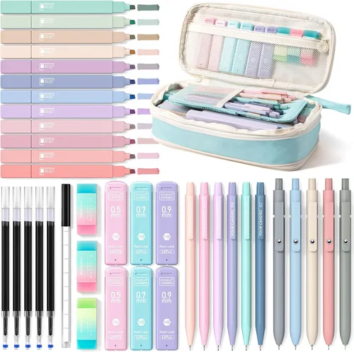 Miniatura 9 de Four Candies 39 piezas de suministros escolares estéticos con bonito estuche para bolígrafos, 12 resaltadores pastel, 5 bolígrafos de gel de tinta