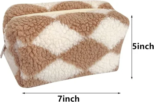 Miniatura 7 de Bolsa de Maquillaje a Cuadros de Felpa Bolsa de Cosméticos Estética a Cuadros Bolsos de Mano Lindos con Cremallera Bolsa de Viaje para Artículos