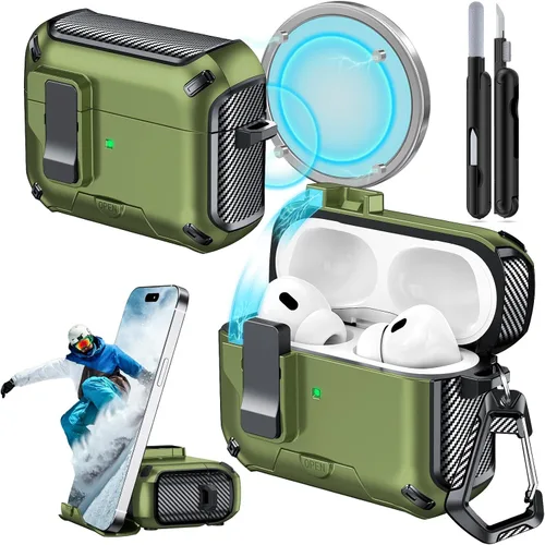 Miniatura 36 de Funda para AirPods Pro 2 (2023/2022/2019) con soporte para teléfono, (con interruptor a presión automático), diseño de fibra de carbono, cubierta