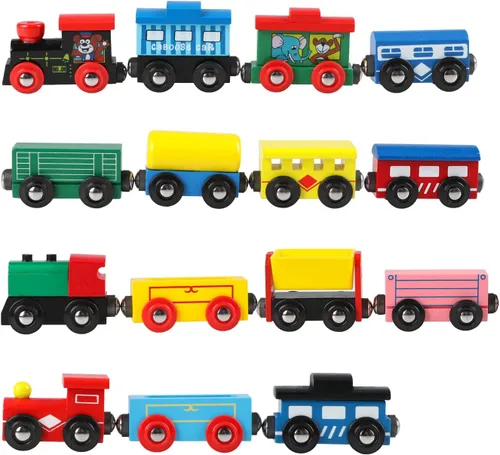 Miniatura 9 de 31 piezas de vagones de tren de madera - Juego de tren magnético incluye 15 vagones, 10 conectores de bonificación y bolsa de almacenamiento, juego