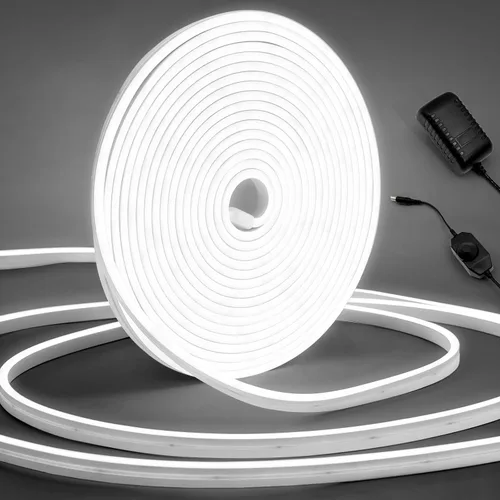 Luz de Cuerda LED de Neón, 32.8 pies, color blanco frío, regulable, tiras de luces LED, tiras de luces de neón de silicona flexible impermeable DIY