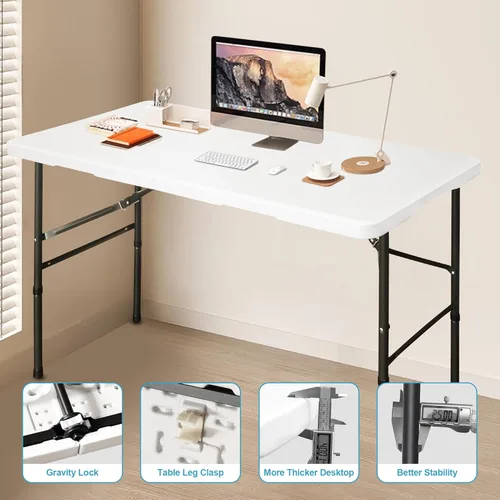 Miniatura 5 de Bblife Mesa portátil plegable para eventos de 4 pies, mesa de camping de plástico con 2 alturas ajustables, mesa de utilidad resistente para Blanco