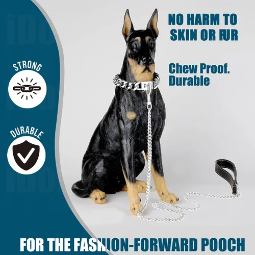 Miniatura 2 de Correa de cadena de plata para perro, acero inoxidable de oro de 18 quilates, correa de perro con mango de cuero para perros (3 pies/plateado)