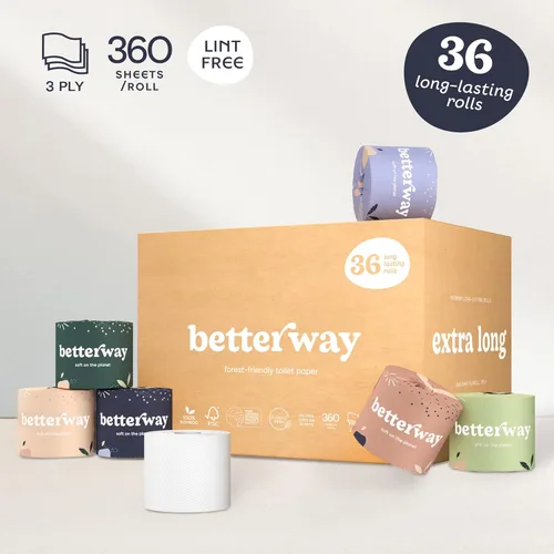 Miniatura 5 de Betterway Papel higiénico de bambú de 3 capas, papel higiénico sostenible, 36 rollos orgánicos de larga duración y 360 hojas por rollo, seguro