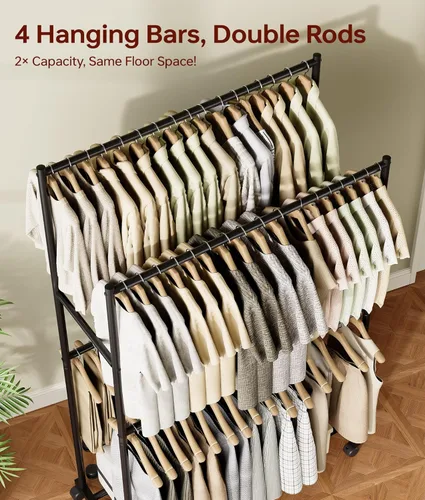 Miniatura 4 de Perchero de ropa de 36.2 x 21.3 x 72 pulgadas, 4 barras de doble barra de metal con ruedas para colgar ropa, perchero portátil con ruedas para Negro