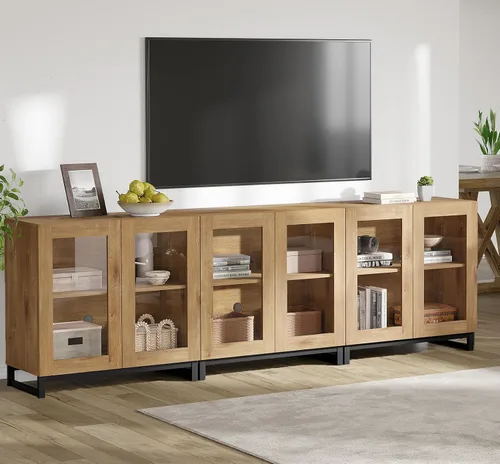 Miniatura 8 de WAMPAT Moderno soporte de TV con puertas de vidrio para televisores de 32 a 40 pulgadas, consola central de entretenimiento con estantes ajustables