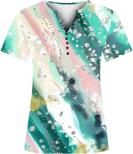 Miniatura 7 de Summer Shirts for Women 2025 Plus Size Short Sleeve Henley Tops Marble Floral Loose Tshirt Tee Casual Dressy Tunics