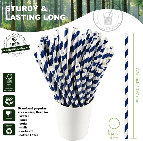 Miniatura 2 de Pajitas de papel biodegradable a granel, azul marino, 1000 unidades, 7.75 pulgadas, 0.24 pulgadas de diámetro Azul marino (Navy Blue Stripes)