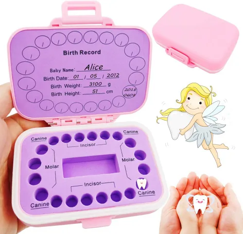 WANONEE Caja de recuerdos de dientes de bebé, organizador de almacenamiento de dientes para niños y niños, impreso en inglés para mantener la