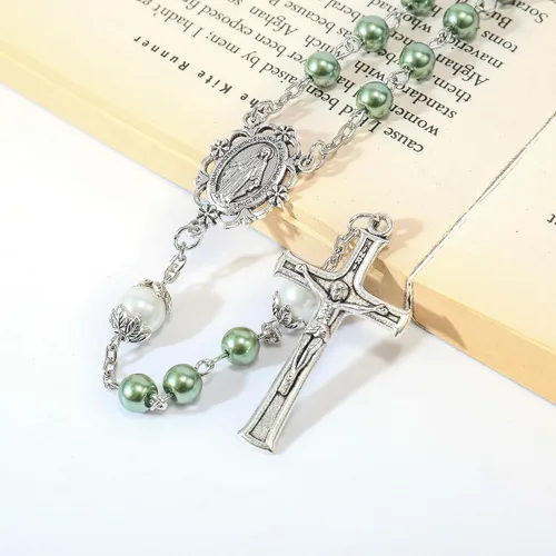 Miniatura 3 de Nazareth Store - Collar de cuentas de perlas rosario blanco Padre Nuestro con medalla de Lourdes y crucifijo de cruz devoción espiritual