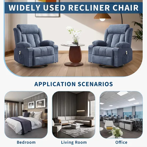 Miniatura 8 de 360° Swivel Rocker Recliner Chair with Heat and Massage, 3 Positions, USB Ports, Side Pockets, Cup Holders, for Living Room, Bedroom, Blue Marrón