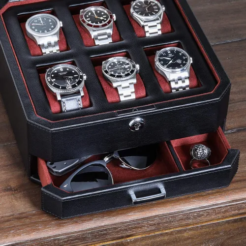Miniatura 6 de ROTHWELL Caja de reloj de cuero con 6 ranuras y cajón de valet, organizador de exhibición de lujo para relojes, forro de microgamuza, soporte