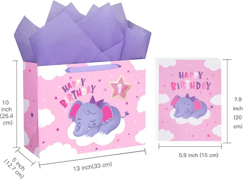 Miniatura 2 de WRAPAHOLIC Bolsa de regalo grande de 13 pulgadas con tarjeta y papel de seda, adorable bolsa de regalo de elefante para bebé, baby shower, fiesta