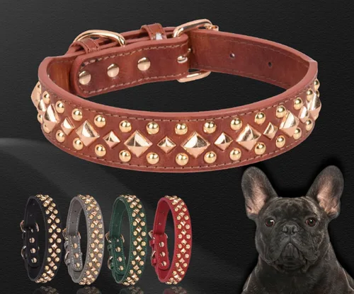 Miniatura 4 de Collar de perro con tachuelas, ajustable de cuero suave para cachorros para perros pequeños y medianos, bulldog pitbull, mastín caniche y boxeador