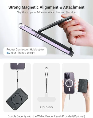 Miniatura 9 de PROfezzion 2 en 1 para soporte de cartera MagSafe, tarjetero magnético con bloqueo RFID, compatible con 4 tarjetas, cartera rígida resistente