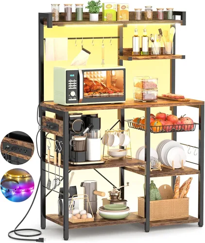 Aheaplus Estante de panadería con toma de corriente y tiras de luces LED, soporte para horno de microondas, estante de almacenamiento de cocina con