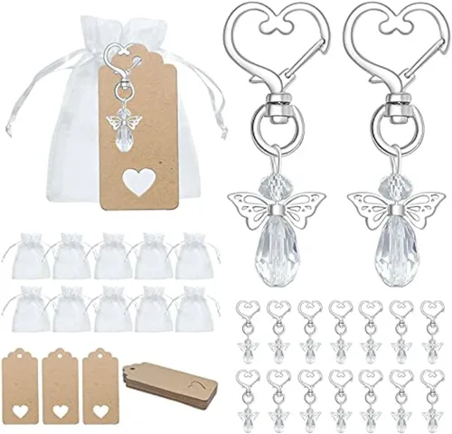 Juego de 30 llaveros de ángel, 30 juegos de llaveros de ángel con bolsas de organza y etiquetas de papel kraft en blanco para bricolaje, regalos de
