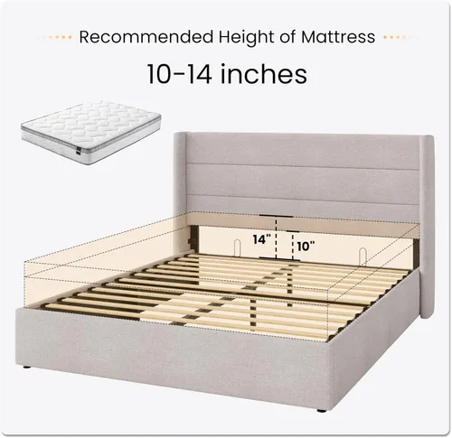 Miniatura 7 de SHA CERLIN - Cama de tamaño completo con almacenamiento elevado/Cabecero abatible moderno/Base de cama tapizada con plataforma/Almacenamiento Beige