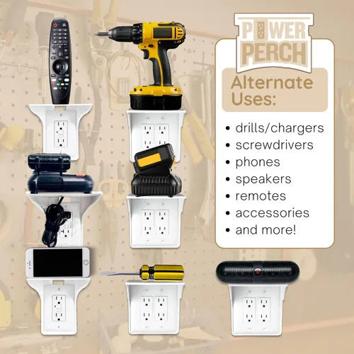 Miniatura 5 de Estante de Enchufes Doble de Pared Power Perch con Correa de Almacenamiento de Cables - Organiza y Recupera Espacio en el Baño - Soporte para Alexa
