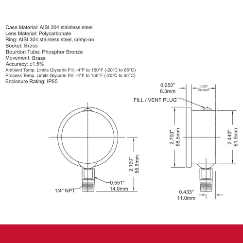 Miniatura 9 de Winters, medidor de presión de acero inoxidable 304 Serie PFQ, con escala única y relleno de líquido, con interior de metal, 0-100 psi, visualizador