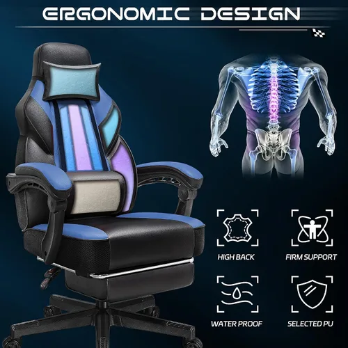 Miniatura 5 de Silla de videojuegos para adultos, silla de juegos con reposapiés, silla de computadora grande y alta con soporte lumbar de masaje, capacidad