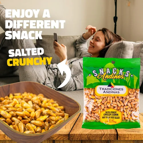 Miniatura 4 de Tradiciones Andinas Chulpe Salado Crujiente de Maíz 4.59 oz - Snack Chulpi Frito y Salado, Salado Frito, Productos Peruanos Listo para Comer, Bolsas