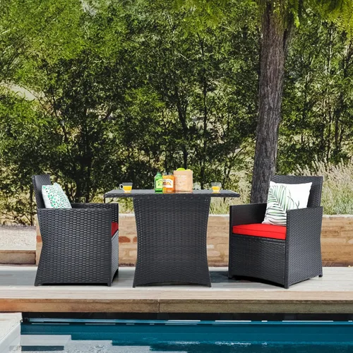 Miniatura 4 de HAPPYGRILL Juego de muebles de patio de 3 piezas, juego de mimbre de ratán PE para exteriores, con cojines lavables y mesa de vidrio templado