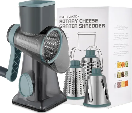 Miniatura 9 de Rallador de queso con manivela de mano, trituradora giratoria de verduras con asa, ralladores 3 en 1 con cuchillas intercambiables y base de succión