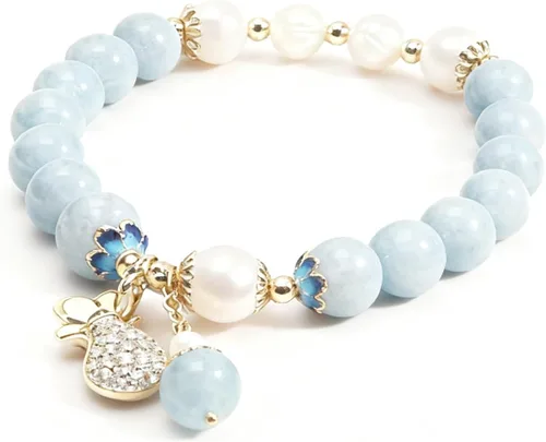 RITIM Pulsera de aguamarina natural para mujer, pulsera de piedra de cristal curativo con perla, energía positiva, regalo de joyería de buena suerte