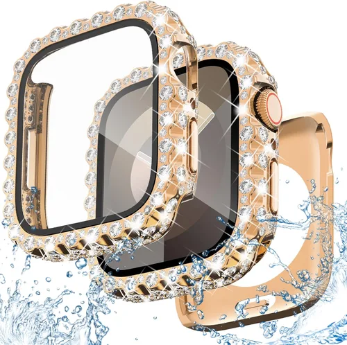 Miniatura 11 de NewWays Funda impermeable 2 en 1 de 1.772 pulgadas para Apple Watch Series 9, 8, 7, encaje completo con diamantes de imitación y purpurina para Oro